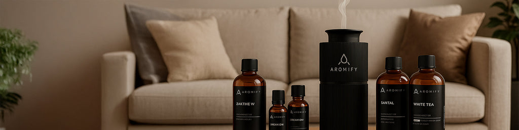 A softly lit living room with a home diffuser