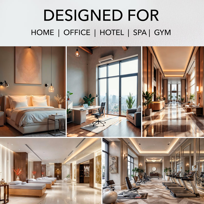 Designed for home, office, hotel, spa and gym: bedroom, home office, hotel lobby, spa and gym interiors