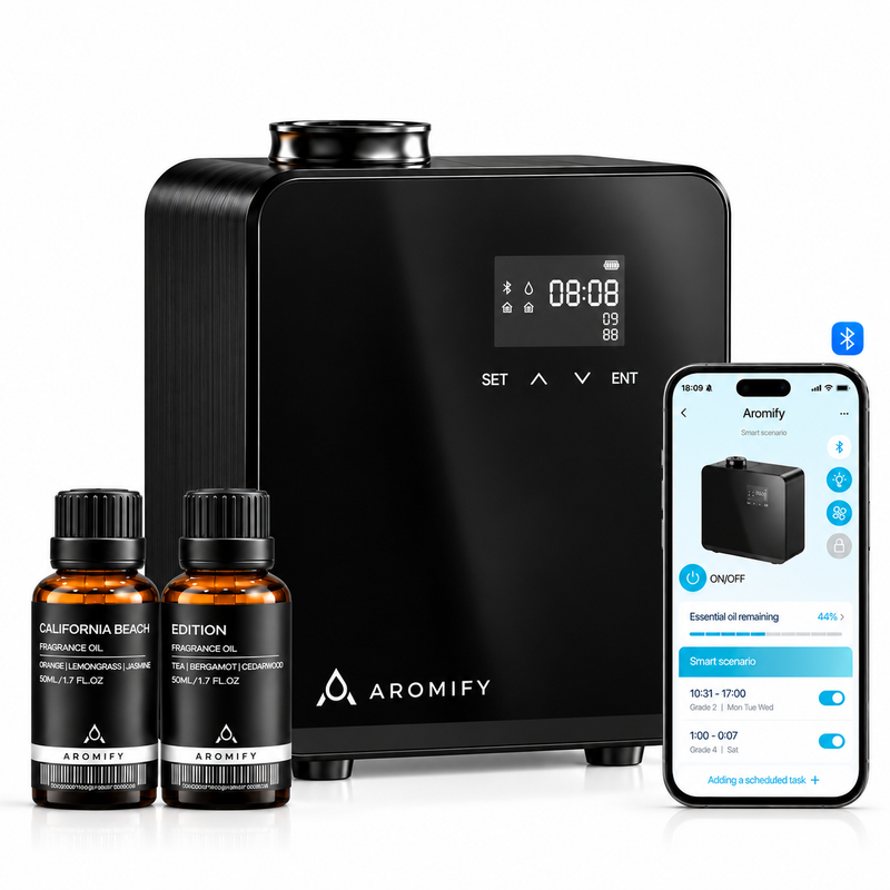 Aromify Nova Luxe II scent diffuser with built-in display and SET, up, down and ENT buttons, two Aromify fragrance oils and the Aromify Bluetooth app