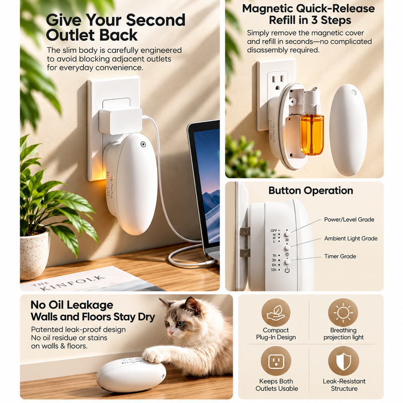 Smart Plug-In II features: slim body keeps both outlets usable, magnetic refill, button operation, leak-resistant design