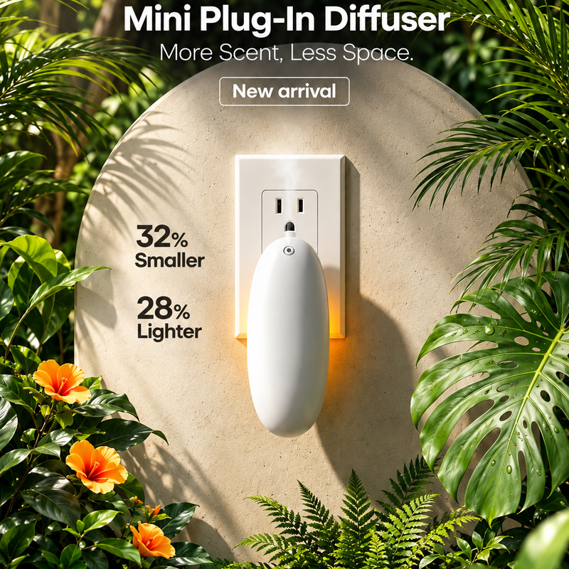 Aromify Smart Plug-In II, 32% smaller and 28% lighter, plugged into a wall outlet