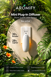 Aromify Smart Plug-In II, 32% smaller and 28% lighter, plugged into a wall outlet