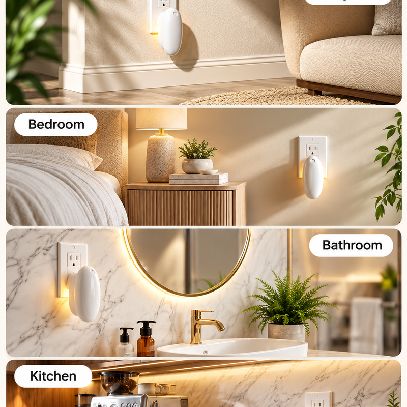 Smart Plug-In II in a living room, bedroom, bathroom and kitchen, coverage up to 800 sq ft