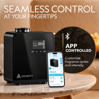 Nova Luxe II on a side table next to the Aromify Bluetooth app: app-controlled fragrance cycles and intensity