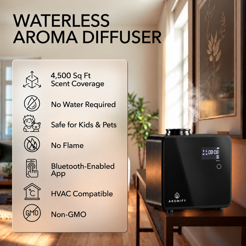 Grand Luxe II waterless aroma diffuser in a living room: 4,500 sq ft scent coverage, no water required, safe for kids and pets, no flame, Bluetooth-enabled app, HVAC compatible, non-GMO