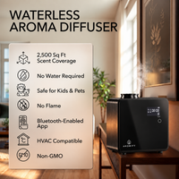 Nova Luxe II waterless aroma diffuser in a living room: 2,500 sq ft scent coverage, no water required, safe for kids and pets, no flame, Bluetooth-enabled app, HVAC compatible, non-GMO