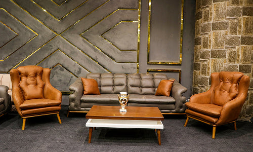 A chic lounge with leather seating and soft lighting