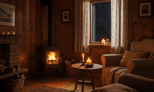 A cozy retreat with warm woods and glowing candles